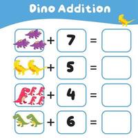 dinosaurier tema matematik spel arbetsblad. matematiskt aktivitet för barn. pedagogisk tryckbar matematik ark. vektor fil.