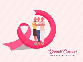 gesichtslos kahl jung Frauen Gruppe mit Rosa Band auf Streifen Muster Hintergrund zum Brust Krebs Bewusstsein Monat Konzept. vektor