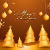 fröhlich Weihnachten Schriftart mit 3d golden glänzend Weihnachten Bäume, Schneeflocken und hängend Kugeln auf braun Hintergrund. vektor