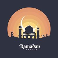 Ramadan kareem Poster Design mit Silhouette Moschee, Halbmond Mond, Junge Angebot namaz und Menschen Reiten Kamele auf Sonnenuntergang Aussicht grau Hintergrund. vektor