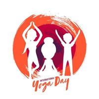 internationell yoga dag begrepp med silhuett barn håller på med yoga i annorlunda utgör på abstrakt borsta stroke bakgrund. vektor