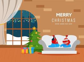 tecknad serie par njuter drycker sitta på soffa med dekorativ xmas träd och gåva lådor i levande rum se för glad jul, undvika coronavirus. vektor