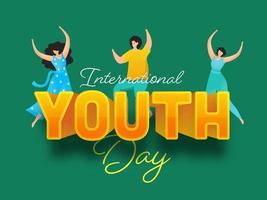 International Jugend Tag Text mit Karikatur Teenager Junge und Mädchen Tanzen auf Grün Hintergrund. vektor