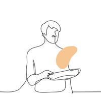 Mann werfen ein Pfannkuchen oder runden Teig im ein braten schwenken - - einer Linie Zeichnung Vektor. Konzept Kochen Koch vektor