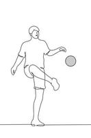 voll Länge Mann mit Bein angehoben zu trete ein Ball fliegend im das Luft - - einer Linie Zeichnung Vektor. Konzept Fußball Spieler Ausbildung oder Fußball Spieler auf Spiel vektor