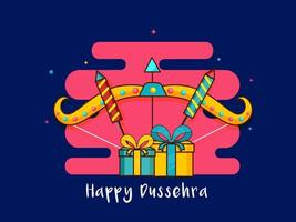 glücklich Dussehra Schriftart mit Bogen Pfeil, Feuerwerkskörper und Geschenk Box Illustration auf Blau und Rosa Hintergrund. vektor