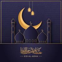 Arabisch Kalligraphie von eid-al-adha mit Papier Moschee, Halbmond Mond und hängend beleuchtet Laternen auf Blau islamisch Muster Hintergrund. vektor