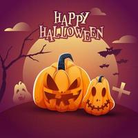 Lycklig halloween affisch design med läskigt pumpor, bar träd och fladdermöss flygande på full måne lutning magenta bakgrund. vektor