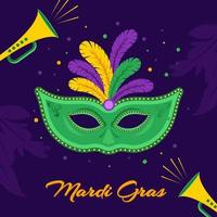 mardi gras font med färgrik fest mask och högtalare på lila bakgrund. vektor