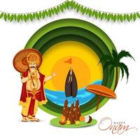 heiter König mahabali mit Thrikkakara appan Idol Anbetung und aranmula Boot auf Papier Schnitt Kreis gestalten Sonnenaufgang oder Sonnenuntergang Meer Hintergrund. vektor