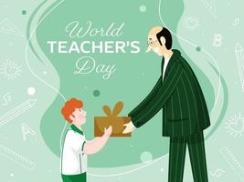 studerande pojke ger gåva till hans klass lärare på grön utbildning element bakgrund för värld lärarens dag. vektor