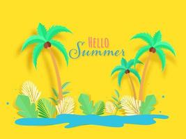 Hallo Sommer- Schriftart mit Papier Schnitt Kokosnuss Bäume, tropisch Blätter und Blau Wasser Spritzen auf Gelb Hintergrund. vektor