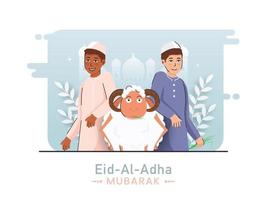 Illustration von Muslim jung Jungs mit Karikatur Schaf und Blätter auf abstrakt Silhouette Moschee Hintergrund zum eid-al-adha Mubarak. vektor