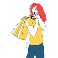 Karikatur jung Mädchen schockiert mit Einkaufen Tasche im Stehen Pose. vektor