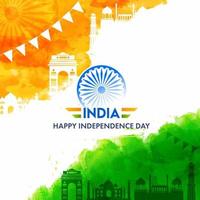Indien glücklich Unabhängigkeit Tag Text mit Ashoka Rad, Safran und Grün Aquarell bewirken berühmt Monumente auf Weiß Hintergrund. vektor