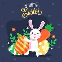 tecknad serie kanin innehav målad ägg med blommor, löv och morot på grå hjärtan bakgrund för Lycklig påsk firande. vektor