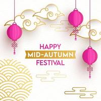 Lycklig mitten höst festival text med hängande rosa kinesisk lyktor och papper skära moln på överlappande semi cirkel bakgrund. vektor