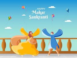 glücklich Makar Sankranti Feier Hintergrund mit Karikatur jung Mann und Frau fangen das Drachen. vektor