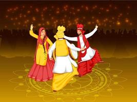 Illustration von Punjabi Menschen tun Bhangra tanzen mit dhol Instrument auf braun Beleuchtung bewirken Hintergrund. vektor