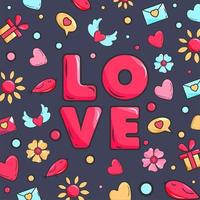rosa kärlek text med hjärtan, blommor, kuvert, fåglar, chatt låda, gåva lådor och kärlek ängel dekorerad på grå bakgrund. vektor