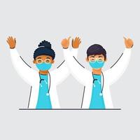 glad unge doktorer bär skyddande mask och Uppfostrad händer på grå bakgrund. vektor
