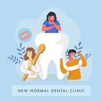 Neu normal Dental Klinik Poster Design mit Karikatur jung Mädchen und heiter Junge Charakter auf Blau Hintergrund. vektor