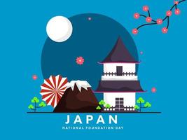 japan nationell fundament dag begrepp med japansk hus, montera fuji, träd och sakura blomma gren på full måne blå bakgrund. vektor