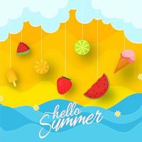 Hej sommar font med hängande frukt och is krämer på papper skära moln och vågor bakgrund. vektor