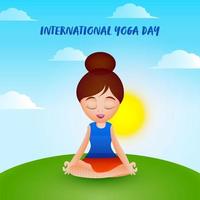 skön flicka mediterar i lotus utgör med Sol på blå och grön bakgrund för internationell yoga dag. vektor