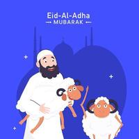 heiter Muslim Mann halten Karikatur Schaf auf Blau Hintergrund zum eid-al-adha Mubarak. vektor