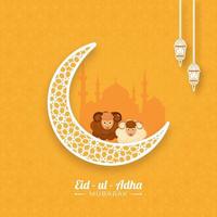 Weiß Arabeske Mond mit zwei Karikatur Schaf, Silhouette Moschee und Aufkleber Stil Laternen hängen auf Orange Arabisch Muster Hintergrund zum eid-ul-adha Mubarak. vektor