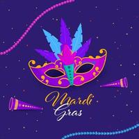 Karneval gras Schriftart mit Party Maske, vuvuzela und Perlen Girlande dekoriert auf violett Hintergrund. vektor