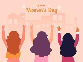 Lycklig kvinnors dag begrepp med tillbaka se av ung flickor karaktär på pastell persika byggnader bakgrund. vektor