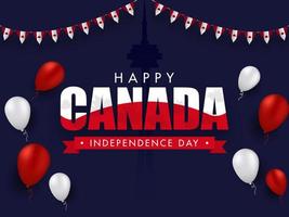 Lycklig kanada oberoende dag text med glansig ballonger och kanadensisk flaggväv flaggor dekorerad på violett cn torn bakgrund. vektor