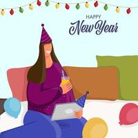 Lycklig ny år vektor illustration med flicka festa uppkopplad