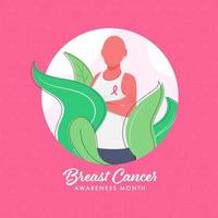 illustration av skallig kvinna ha på sig bröst cancer band på bröst med grön löv på vit och rosa blomma mönster bakgrund för medvetenhet månad. vektor