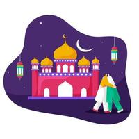Illustration von Muslim Frauen umarmen jeder andere mit Halbmond Mond, Moschee und hängend Laternen auf lila und Weiß Hintergrund. vektor