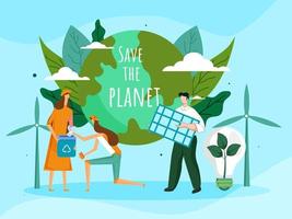 Karikatur Mann und Frauen Arbeiten zusammen mit Solar- Tafel, Recycling Behälter, Öko Birne, Windmühlen und Erde Globus zum speichern das Planet Konzept. vektor