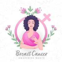 ung flicka beläggning kropp från rosa scarf med venus tecken och blommig dekorerad vit bakgrund för bröst cancer medvetenhet månad begrepp. vektor