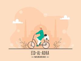 muslim ung pojke ridning en cykel med tecknad serie får och silhuett moské på persika bakgrund för eid-al-adha mubarak firande. vektor