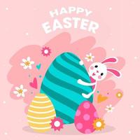 glücklich Ostern Feier Konzept mit komisch Karikatur Hase, gedruckt Eier und Blumen dekoriert auf Rosa Hintergrund. vektor