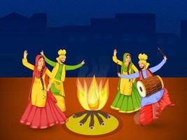 heiter Punjabi Paare durchführen Bhangra tanzen mit dhol Instrument, Lagerfeuer Illustration auf Blau und braun Hintergrund. vektor