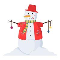tecknad serie snögubbe bär ull- kläder och dekorerad från struntsak, stjärna, belysning krans på vit bakgrund. vektor