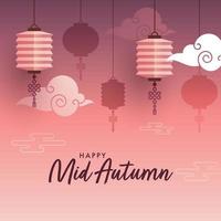 Lycklig mitten höst firande affisch design med hängande kinesisk lyktor och moln på lutning ljus röd och lila bakgrund. vektor