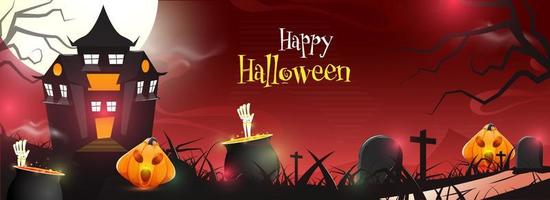 voll Mond Friedhof rot Hintergrund mit verfolgt Haus, Kürbislaternen, Skelett Hände und Kessel Töpfe zum glücklich Halloween Feier. vektor
