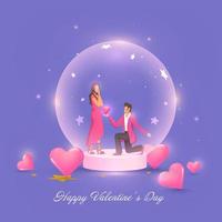 jung Mann vorschlagen seine Freundin Innerhalb Glas Globus mit glänzend Rosa Herzen auf das Gelegenheit von glücklich Valentinstag Tag. vektor