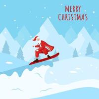 Karikatur Santa claus beim Skateboard auf Blau Winter Landschaft Hintergrund zum fröhlich Weihnachten Feier. vektor