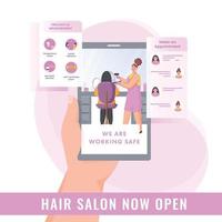 weiblich Haar Salon jetzt öffnen Werbung von Smartphone mit vorbeugend Messung und machen geplanter Termin auf Weiß und Rosa Hintergrund. vektor