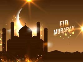 islamisch Festival eid Mubarak Konzept mit Moschee Silhouette und glänzend Halbmond Mond auf braun Hintergrund. vektor