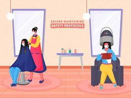 Friseur Schneiden Haar von ein Frau Klient Sitzung auf Stuhl im ihr Salon und andere Klient tragen Haar Motorhaube Trockner während Coronavirus Pandemie. vektor